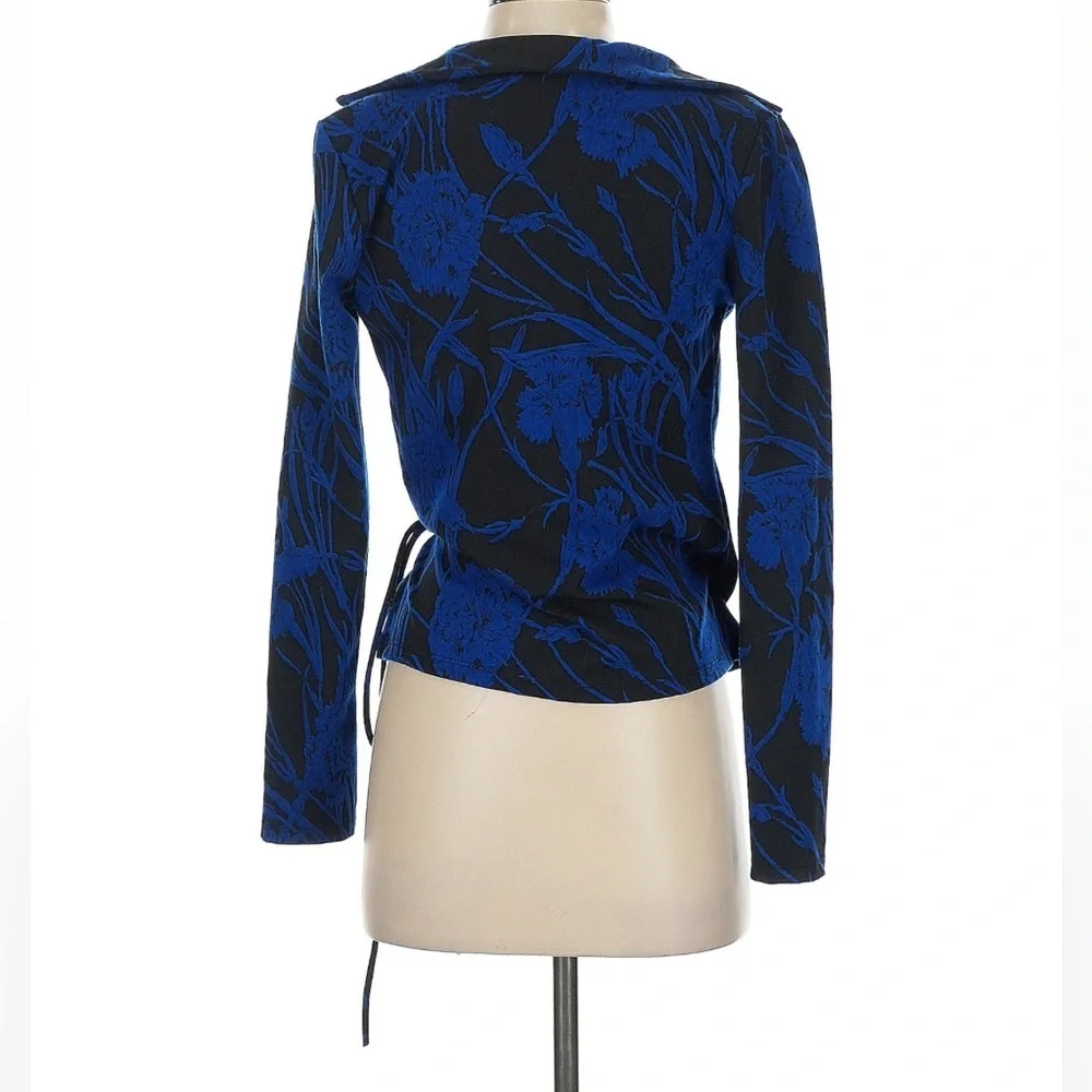 Zara Blue Jacquard Floral Wrap Top Long Sleeve V-Neck Tie Waist Blouse Women XS - Picture 3 of 8